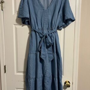 Chic Denim Maxi Dress with Tie Waist